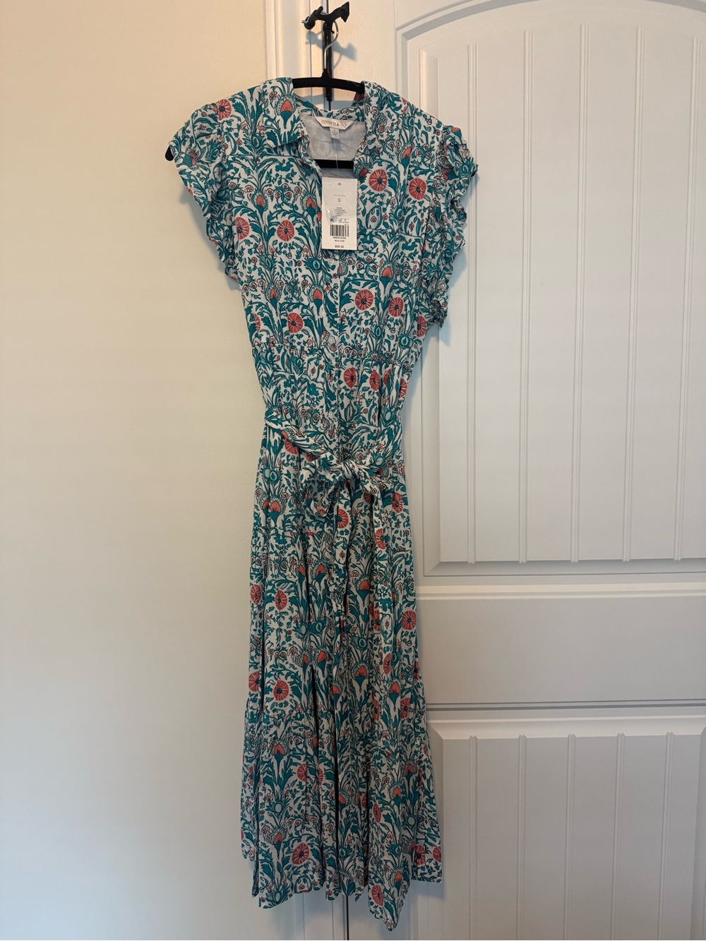 crown & ivy Teal and Coral Floral Dress with Tie Waist